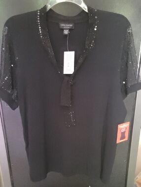 Cable & Gauge Black Sequin Tie-Neck Blouse
